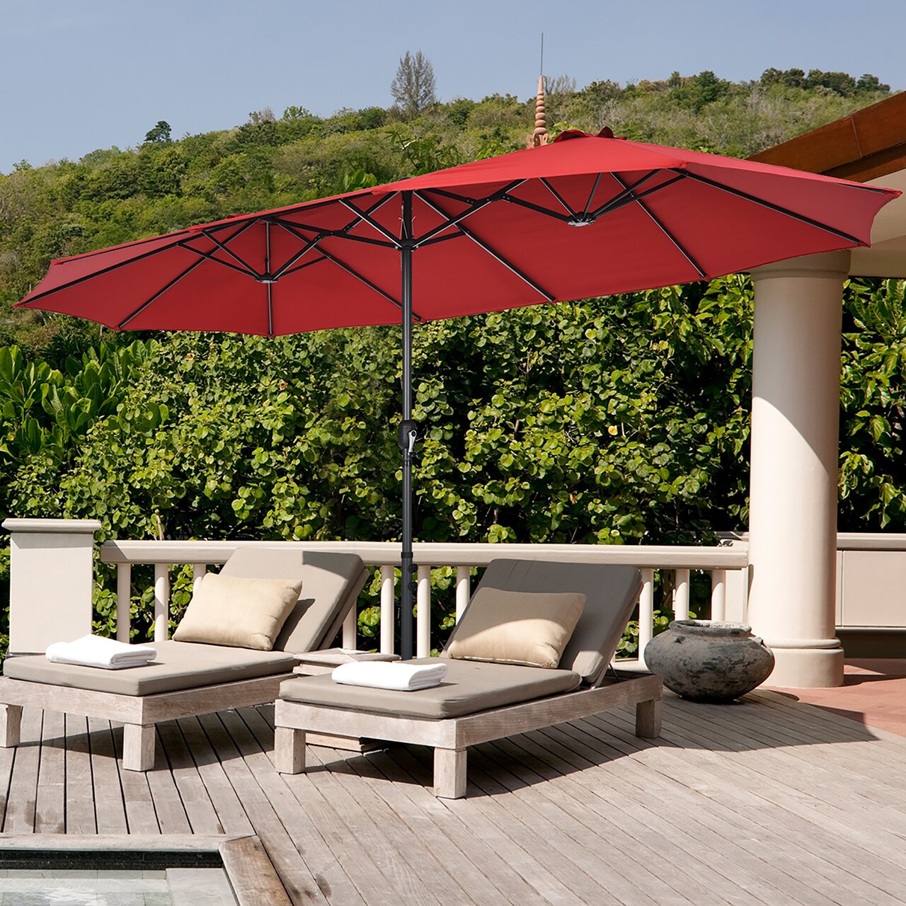 Costway 15FT Double-Sided Twin Patio Umbrella Sun Shade Outdoor Crank Market Base Beige/Coffee/Grey/Orange/Navy/Turquoise/Wine